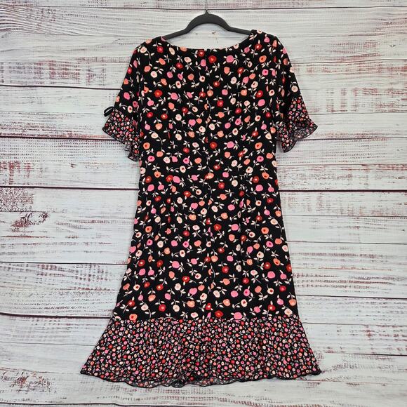 Talbots Jewel Neck Shift Dress 12P Black Pink Poppy Floral Short Sleeve Ruffle - Picture 3 of 16
